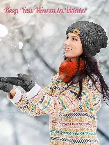 Jeere 4 dona ayollar qishki qo'lqop va shlyapa to'plami Qishki shlyapa Sensorli ekranli qo'lqoplar Issiq trikotaj shapka va qo'lqoplar ayollar uchun (qora, to'q kulrang) - 5