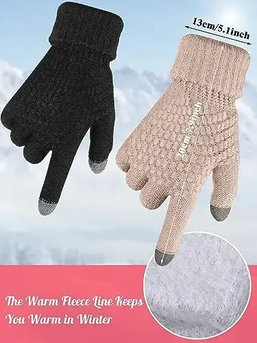 Jeere 4 dona ayollar qishki qo'lqop va shlyapa to'plami Qishki shlyapa Sensorli ekranli qo'lqoplar Issiq trikotaj shlyapa va qo'lqoplar ayollar uchun (qora, karamel) - 3