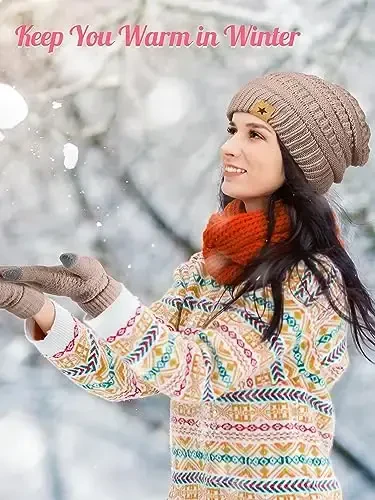 Jeere 4 dona ayollar qishki qo'lqop va shlyapa to'plami Qishki shlyapa Sensorli ekranli qo'lqoplar Issiq trikotaj shlyapa va qo'lqoplar ayollar uchun (qora, karamel) - 6