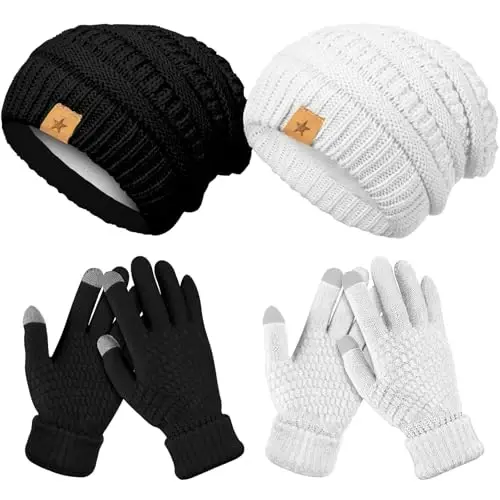 Jeere 4 dona Ayollar uchun qishki shapka va qo'lqoplar to'plami Bo'shashgan Beanie Shlyapalar Trikotaj Sensorli ekranli qo'lqoplar Ayollar uchun issiq qishki to'plamlar (Qora, Oq) - 6