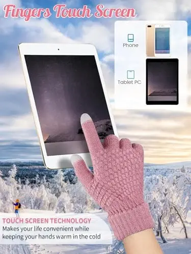 Jeere 4 Pcs Women Winter Glove and Hat Set Winter Hat Touchscreen Gloves Warm Knitted Beanie and Mittens for Women - 1