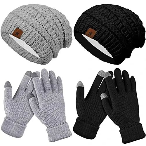 Jeere 4 Pcs Winter Hat and Gloves for Women Fleece Lined, Gray, Black | Knit Beanie Touchscreen Gloves, Warm Cable Weave Skull Hat, Cold Weather, Soft Fleece Lining for Women Winter Outdoor Wear - Jeere