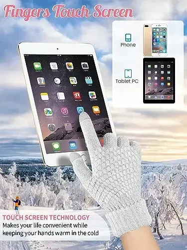 Jeere 4 Pcs Winter Hat and Gloves Sets for Women Slouchy Beanie Hats Knitted Touchscreen Gloves Warm Winter Sets for Women (Black, White) - 3