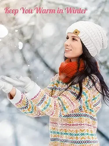 Jeere 4 Pcs Winter Hat and Gloves Sets for Women Slouchy Beanie Hats Knitted Touchscreen Gloves Warm Winter Sets for Women (Black, White) - 5