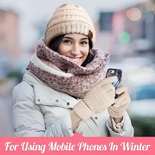 Jeere 4 Pcs Women Winter Glove and Hat Set Winter Hat Touchscreen Gloves Warm Knitted Beanie and Mittens for Women - 5