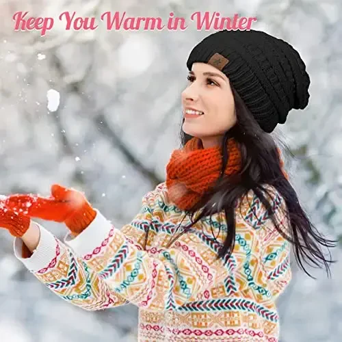 Jeere 4 Pcs Women Winter Glove and Hat Set Winter Hat Touchscreen Gloves Warm Knitted Beanie and Mittens for Women - 6