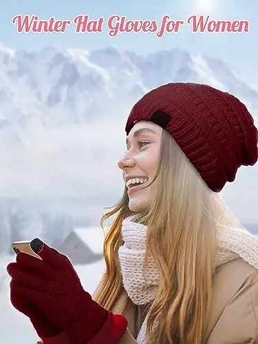 Jeere 4 Pcs Women Winter Glove and Hat Set Winter Hat Touchscreen Gloves Warm Knitted Beanie and Mittens for Women - 5