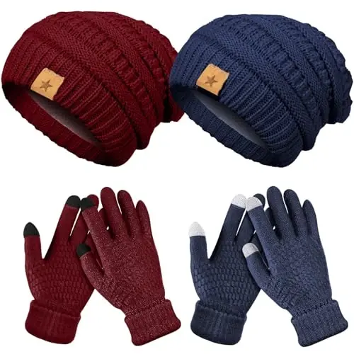 Jeere 4 Pcs Women Winter Glove and Hat Set Winter Hat Touchscreen Gloves Warm Knitted Beanie and Mittens for Women - 6