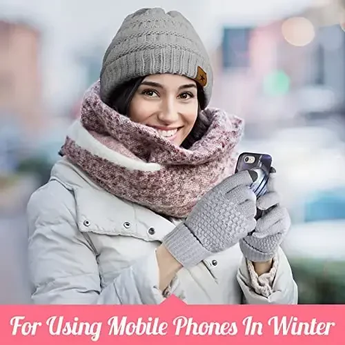 Jeere 4 Pcs Women Winter Glove and Hat Set Winter Hat Touchscreen Gloves Warm Knitted Beanie and Mittens for Women - 5