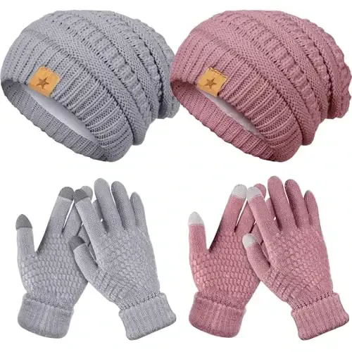 Jeere 4 Pcs Women Winter Glove and Hat Set Winter Hat Touchscreen Gloves Warm Knitted Beanie and Mittens for Women - 6