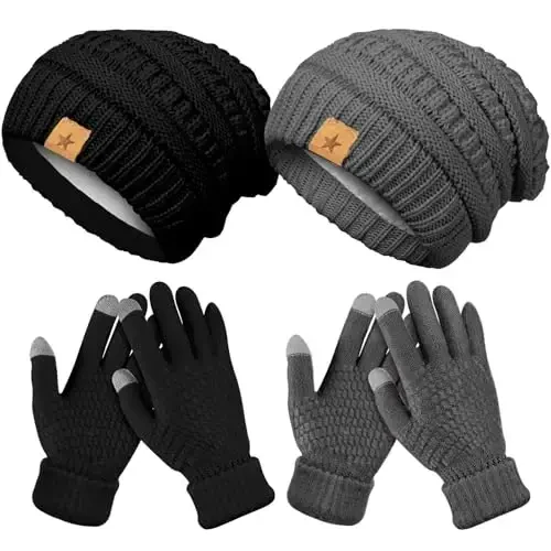 Jeere 4 Pcs Women Winter Glove and Hat Set Winter Hat Touchscreen Gloves Warm Knitted Beanie and Mittens for Women - 6