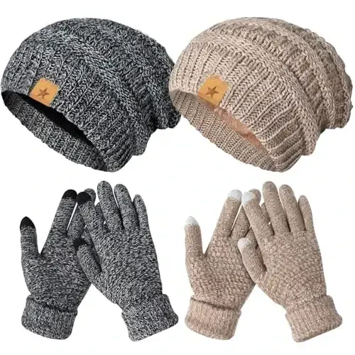 Jeere 4 Pcs Women Winter Glove and Hat Set Winter Hat Touchscreen Gloves Warm Knitted Beanie and Mittens for Women - 6