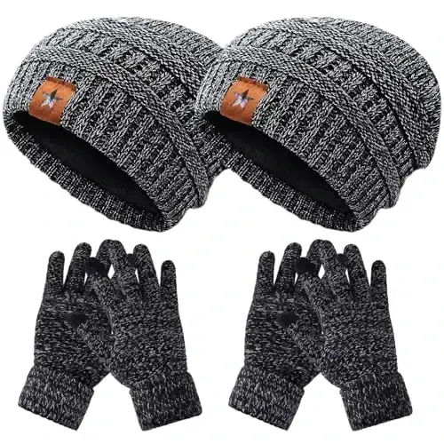 Jeere 4 Pcs Women Winter Glove and Hat Set Winter Hat Touchscreen Gloves Warm Knitted Beanie and Mittens for Women (Black) - 1