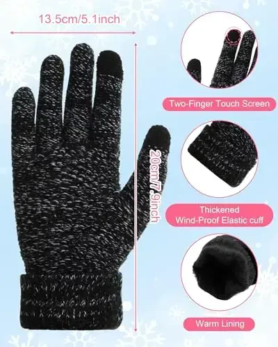 Jeere 4 Pcs Women Winter Glove and Hat Set Winter Hat Touchscreen Gloves Warm Knitted Beanie and Mittens for Women (Black) - 3