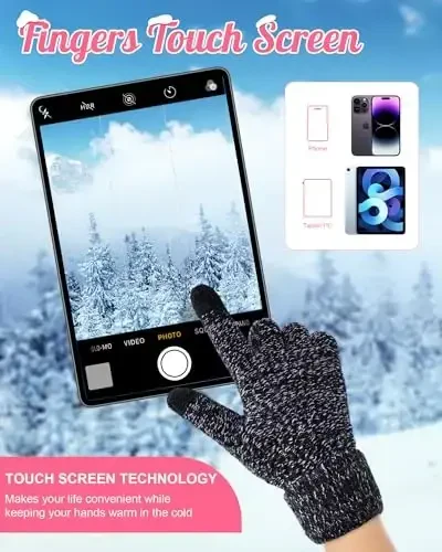 Jeere 4 Pcs Women Winter Glove and Hat Set Winter Hat Touchscreen Gloves Warm Knitted Beanie and Mittens for Women (Black) - 4