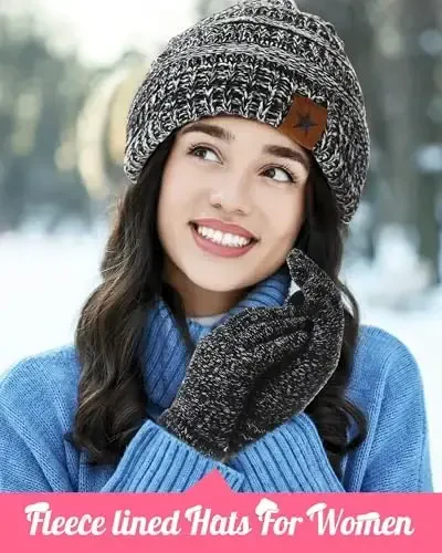 Jeere 4 Pcs Women Winter Glove and Hat Set Winter Hat Touchscreen Gloves Warm Knitted Beanie and Mittens for Women (Black) - 5