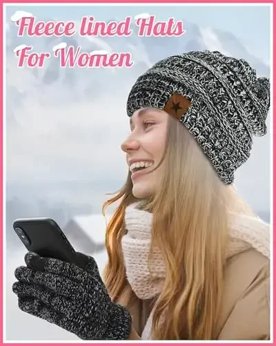 Jeere 4 Pcs Women Winter Glove and Hat Set Winter Hat Touchscreen Gloves Warm Knitted Beanie and Mittens for Women (Black) - 6