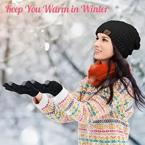 Jeere 4 Pcs Women Winter Glove and Hat Set Winter Hat Touchscreen Gloves Warm Knitted Beanie and Mittens for Women(Pink, Black) - 6
