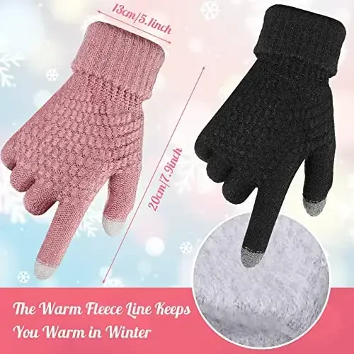 Jeere 4 Pcs Women Winter Glove and Hat Set Winter Hat Touchscreen Gloves Warm Knitted Beanie and Mittens for Women(Pink, Black) - 3