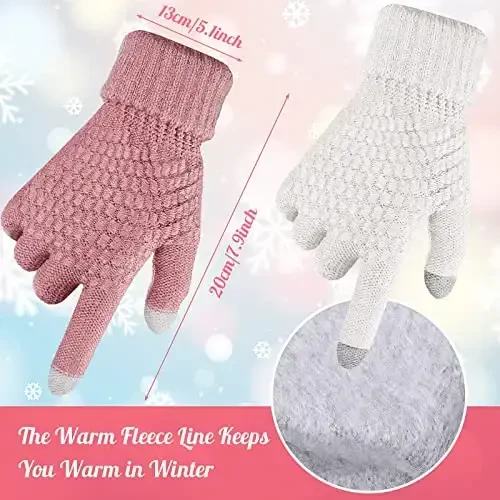 Jeere 4 Pcs Women Winter Glove and Hat Set Winter Hat Touchscreen Gloves Warm Knitted Beanie and Mittens for Women(Pink, White) - 3