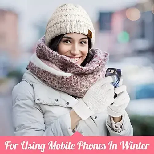 Jeere 4 Pcs Women Winter Glove and Hat Set Winter Hat Touchscreen Gloves Warm Knitted Beanie and Mittens for Women(Pink, White) - 5