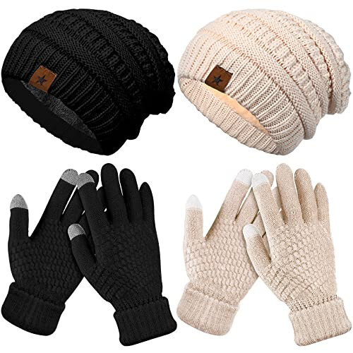 Jeere 4 Pcs Women Winter Glove and Hat Set Women Winter Hat Touchscreen Gloves Warm Knitted Beanie Hats and Gloves for Women - 1