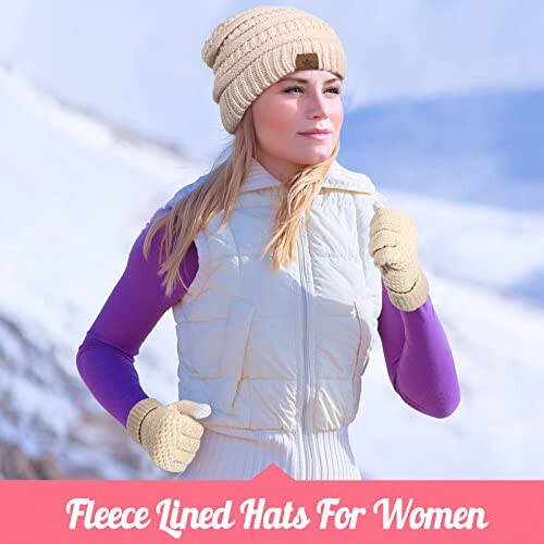 Jeere 4 Pcs Women Winter Glove and Hat Set Women Winter Hat Touchscreen Gloves Warm Knitted Beanie Hats and Gloves for Women - 7