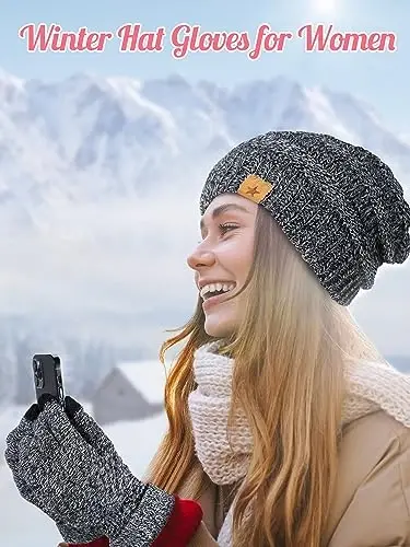 Jeere 4 Pcs Women Winter Glove and Hat Set Winter Hat Touchscreen Gloves Warm Knitted Beanie and Mittens for Women - 4