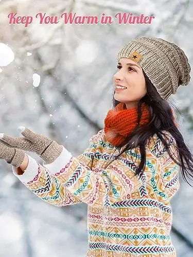 Jeere 4 Pcs Women Winter Glove and Hat Set Winter Hat Touchscreen Gloves Warm Knitted Beanie and Mittens for Women - 5