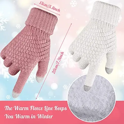 Jeere 4 Pcs Winter Hat and Gloves for Women Fleece Lined Knit Beanie Touchscreen Gloves Warm Skull Hat Set for Cold Weather(Pink, White) - 3