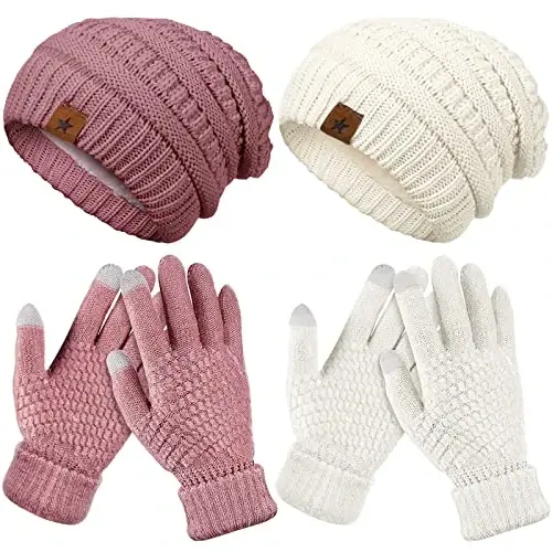 Jeere 4 Pcs Women Winter Glove and Hat Set Winter Hat Touchscreen Gloves Warm Knitted Beanie and Mittens for Women(Pink, White) - 1