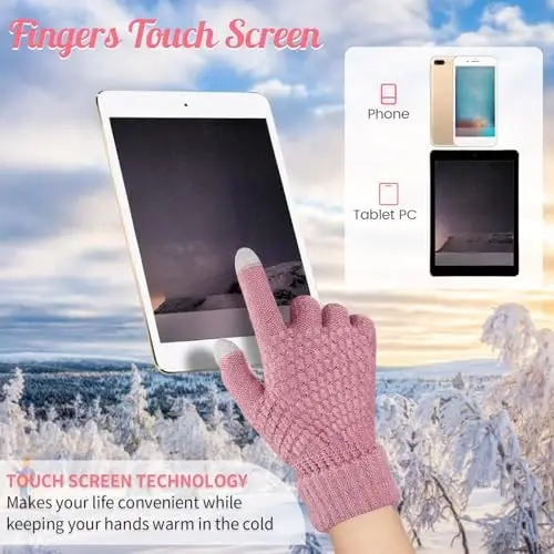 Jeere 4 Pcs Women Winter Glove and Hat Set Winter Hat Touchscreen Gloves Warm Knitted Beanie and Mittens for Women(Pink, White) - 4