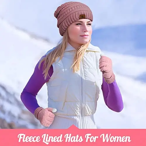 Jeere 4 Pcs Women Winter Glove and Hat Set Winter Hat Touchscreen Gloves Warm Knitted Beanie and Mittens for Women(Pink, White) - 6