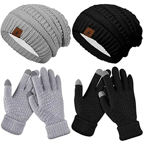 Jeere 4 Pcs Women Winter Glove and Hat Set Winter Hat Touchscreen Gloves Warm Knitted Beanie and Mittens for Women - 2