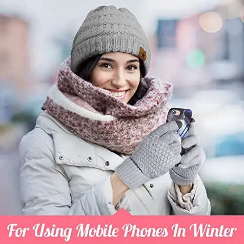 Jeere 4 Pcs Women Winter Glove and Hat Set Winter Hat Touchscreen Gloves Warm Knitted Beanie and Mittens for Women - 5