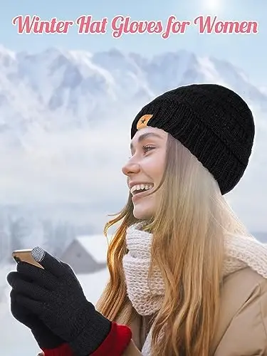 Jeere 4 Pcs Women Winter Glove and Hat Set Winter Hat Touchscreen Gloves Warm Knitted Beanie and Mittens for Women(Black, Dark Gray) - 4