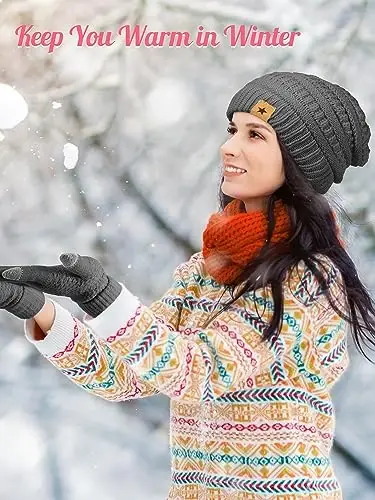 Jeere 4 Pcs Women Winter Glove and Hat Set Winter Hat Touchscreen Gloves Warm Knitted Beanie and Mittens for Women(Black, Dark Gray) - 5