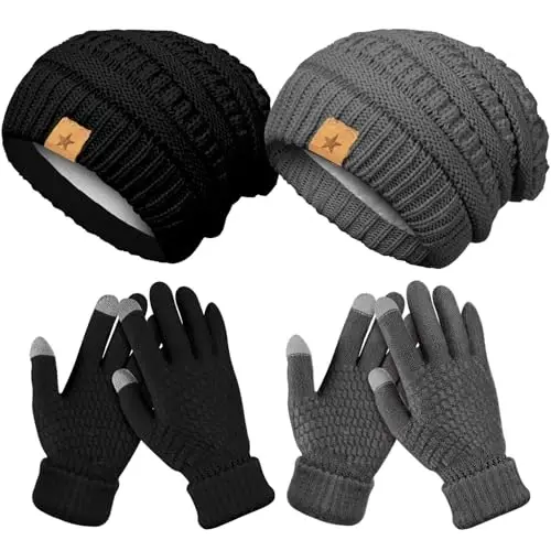 Jeere 4 Pcs Women Winter Glove and Hat Set Winter Hat Touchscreen Gloves Warm Knitted Beanie and Mittens for Women(Black, Dark Gray) - 6