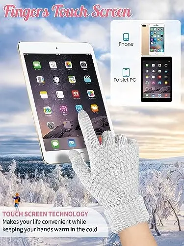 Jeere 4 Pcs Winter Hat and Gloves for Women Fleece Lined Knit Beanie Touchscreen Gloves Warm Skull Hat Set for Cold Weather(Black, White) - 3