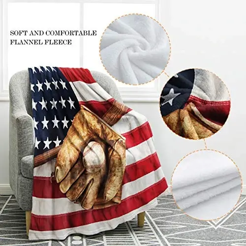 Jekeno American Flag Baseball Gifts for Men Boys Girls Women, USA Flag Throw Blankets Sport Gifts for Softball Players, Independence Day Baseball Decor for Home Bed Couch - 3