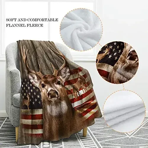Jekeno American Flag Deer Blanket Gifts for Men, USA Flag Throw Blankets Hunting Gifts for Men Adult Kids Boys, Independence Day Deer Forest Decor for Home Bed Couch - 2