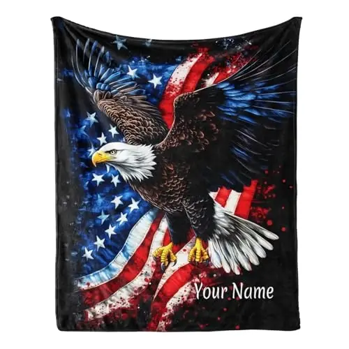 Jekeno American Flag Gifts Blanket for Men Women Personalized Eagle USA Flag Custom Blanket with Name Flannel Blankets Customized Throw Blankets 60