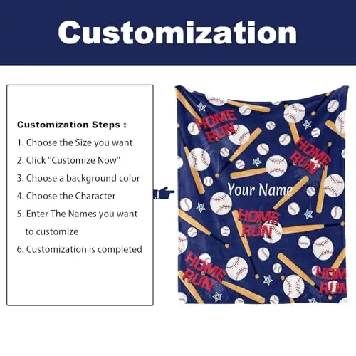 Jekeno Personalized Baseball Blanket Gifts for Boys and Adults, Sport Throw for Kids Boys Girls Aged 5-12, Custom Blanket with Name Flannel Blankets Customized Throw Blankets 50