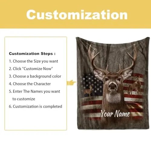 Jekeno Personalized Deer Gifts for Women Men, American Flag Blanket Print, Custom Blanket with Name Flannel Blankets Customized Throw Blankets 60