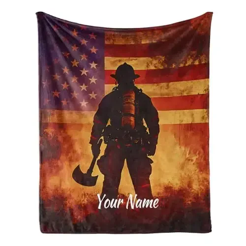 Jekeno Personalized Firefighter Gifts for Men, American Flag Blanket USA Flag Print, Custom Blanket with Name Flannel Blankets Customized Throw Blankets 60