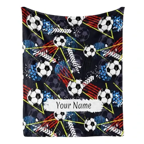 Jekeno Personalized Soccer Blanket Gifts for Boy Kid, Soccer Lover Gift for Girls Boys Age 8-12, Custom Blanket with Name Flannel Blankets Customized Throw Blankets 50