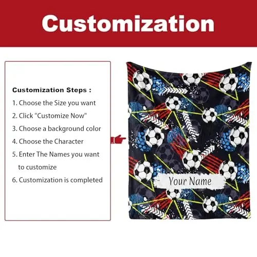 Jekeno Personalized Soccer Blanket Gifts for Boy Kid, Soccer Lover Gift for Girls Boys Age 8-12, Custom Blanket with Name Flannel Blankets Customized Throw Blankets 50