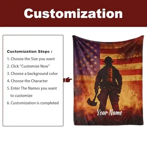 Jekeno Personalized Firefighter Gifts for Men, American Flag Blanket USA Flag Print, Custom Blanket with Name Flannel Blankets Customized Throw Blankets 60