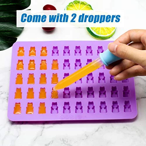 Gummy Bear Candy Molds Silicone, Gummy Molds with 2 Droppers, Non-Stick Silicone Candy Molds Including Mini Dinosaur, Bear Shape, Hearts and Mini Donut, Set of 4 - WARM TIME (1)