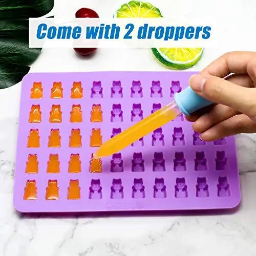 Gummy Bear Candy Molds Silicone, Gummy Molds with 2 Droppers, Non-Stick Silicone Candy Molds Including Mini Dinosaur, Bear Shape, Hearts and Mini Donut, Set of 4 - 2